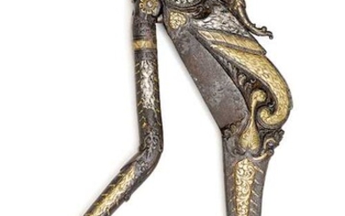 A FINE SILVER AND GOLD DAMASCENED IRON BETEL CUTTER.