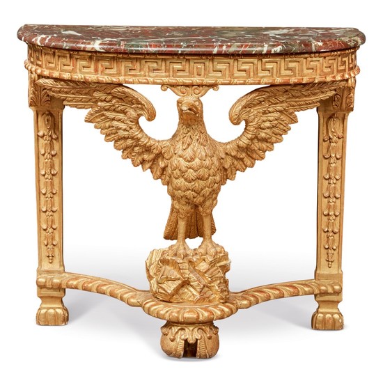 A GEORGE II GILTWOOD CONSOLE TABLE, LATE 19TH/EARLY 20TH CENTURY, INCORPORATING EARLIER ELEMENTS