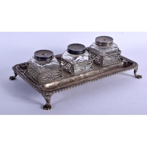 A GEORGIAN SILVER DESK STAND WITH THREE GLASS BOTTLES. Hall...