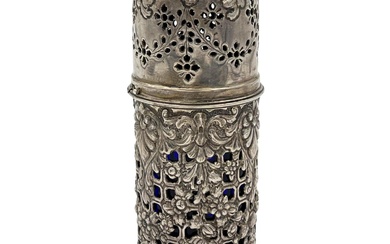 A GOOD QUALITY SILVER SUGAR CASTER COMPLETE WITH BLUE...