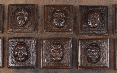 A Group of Ten Late 16th/Early 17th Century Small Relief Carved Oak Panels; each centred by a comica