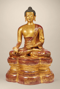A HIGHLY IMPORTANT AND MONUMENTAL IMPERIAL GILT-LACQUERED WOOD FIGURE OF THE MEDICINE BUDDHA, QING DYNASTY, 18TH CENTURY