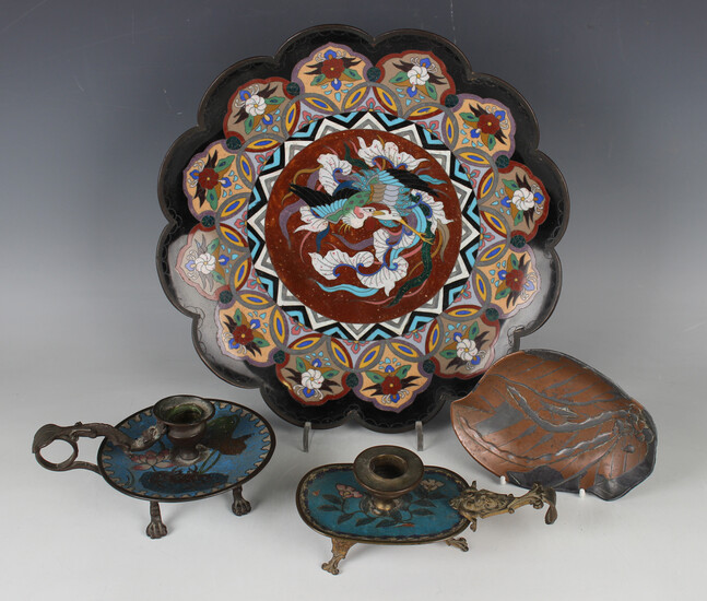 A Japanese cloisonné dish, Meiji period of lobed circular form, decorated with ho-o bird and