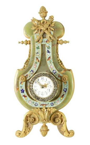 A LATE 19TH CENTURY ORMOLU AND GREEN ONYX FRENCH LYRE-SHAPED STRUT CLOCK