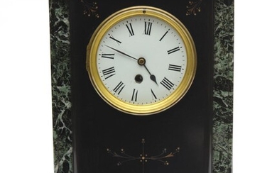 A LATE VICTORIAN MARBLE AND SLATE CASED MANTEL CLOCK, WITH AN ENAMELLED ROMAN NUMERAL DIAL, (WITH PENDULUM, NO KEY), 38 CM HIGH, 29...
