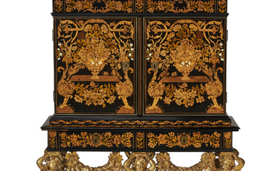 A LOUIS XIV BONE-INLAID EBONIZED PEARWOOD, GILTWOOD, FRUITWOOD AND MARQUETRY CABINET-ON-STAND LATE 17TH CENTURY