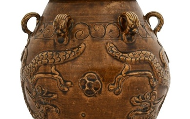 A Large Chinese Brown Glazed Martaban Storage Jar with Dragons, Ming Dynasty