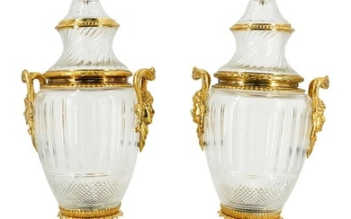 A Large Pair of 32" Antique Circa 1900 French Baccarat Crystal & Gilt Bronze Urns Vases
