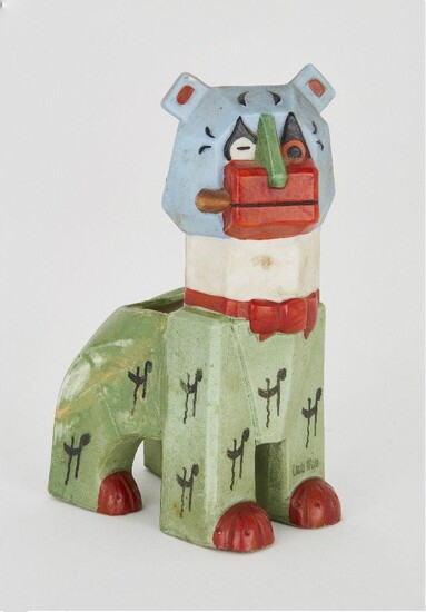 A Louis Wain 'Lucky Haw-Haw' cat form spill vase, decorated with slip glaze and moulded appliqué, printed factory mark, RD638317 to base, and printed Louis Wain stamp to front left leg, 13.5cm high