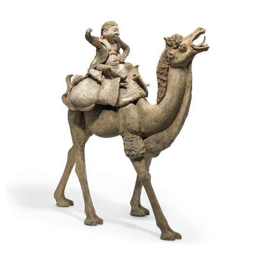 A MASSIVE PAINTED POTTERY FIGURE OF A CAMEL AND RIDER, TANG DYNASTY (618-907)