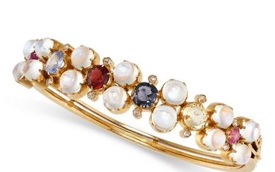 A MOONSTONE, SAPPHIRE AND DIAMOND BANGLE in yellow