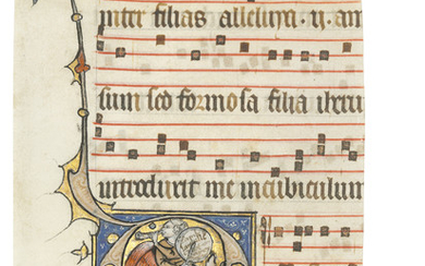 A MUSIC-MAKING ANGEL HYBRID, historiated initial 'D' cut from an illuminated choirbook on vellum [Paris, c.1290s]
