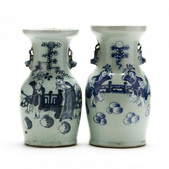 A Matched Pair of Celadon Ground Blue and White Chinese