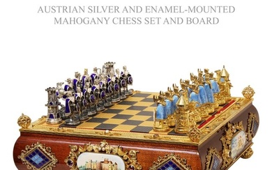 A Museum Quality 19th C. Austrian Silver-Gilt Enamel Mounted Mahogany Chess Set