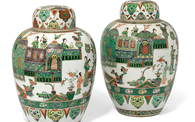 A NEAR PAIR OF CHINESE FAMILLE VERTE JARS AND COVERS, KANGXI PERIOD (1662-1722)