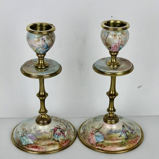 A PAIR OF 19TH C. VIENNESE ENAMEL CANDLESTICKS