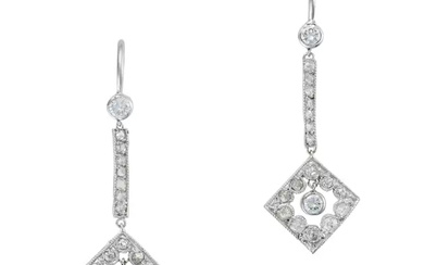 A PAIR OF DIAMOND DROP EARRINGS each set with a ro ...