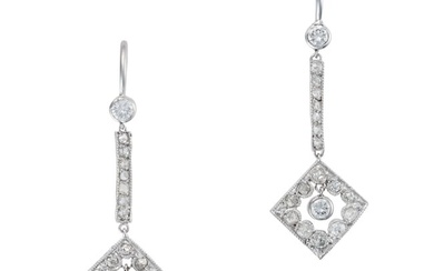 A PAIR OF DIAMOND DROP EARRINGS each set with a round brilliant cut diamond suspending a row of rose