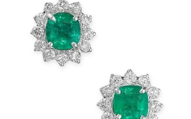 A PAIR OF EMERALD AND DIAMOND STUD EARRINGS each set