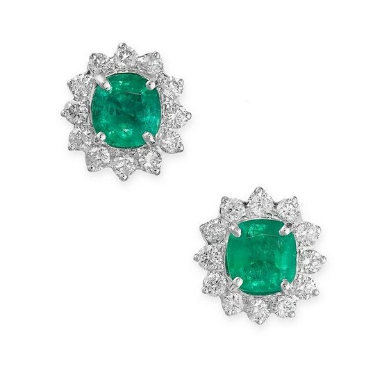 A PAIR OF EMERALD AND DIAMOND STUD EARRINGS each set