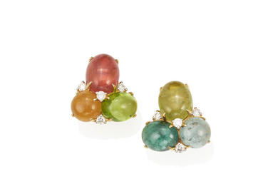A PAIR OF GOLD, GEM-SET AND DIAMOND EARRINGS