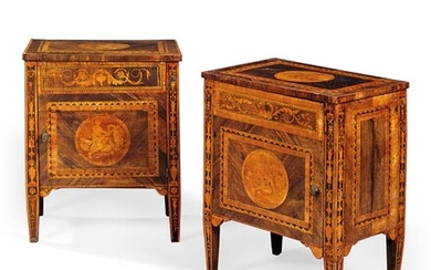 A PAIR OF NORTH ITALIAN ROSEWOOD, TULIPWOOD, WALNUT, FRUITWOOD, AMARANTH AND MARQUETRY COMODINI, LATE 18TH CENTURY, IN THE MANNER OF GIUSEPPE MAGGIOLINI, ONE ADAPTED