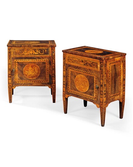 A PAIR OF NORTH ITALIAN ROSEWOOD, TULIPWOOD, WALNUT, FRUITWOOD, AMARANTH AND MARQUETRY COMODINI, LATE 18TH CENTURY, IN THE MANNER OF GIUSEPPE MAGGIOLINI, ONE ADAPTED
