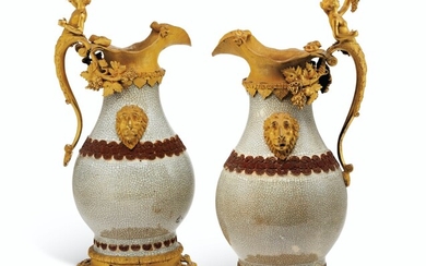 A PAIR OF RESTAURATION ORMOLU-MOUNTED CHINESE CRACKLE-GLAZED VASES MOUNTED AS EWERS, THE PORCELAIN LATE 18TH/EARLY 19TH CENTURY, THE MOUNTS PROBABLY ENGLISH, CIRCA 1830-40