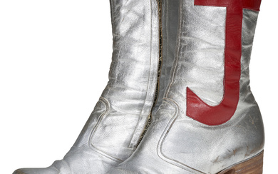 A PAIR OF SILVER LEATHER TALL PLATFORM BOOTS CIRCA 1971