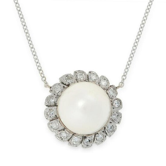A PEARL AND DIAMOND PENDANT NECKLACE the body set with