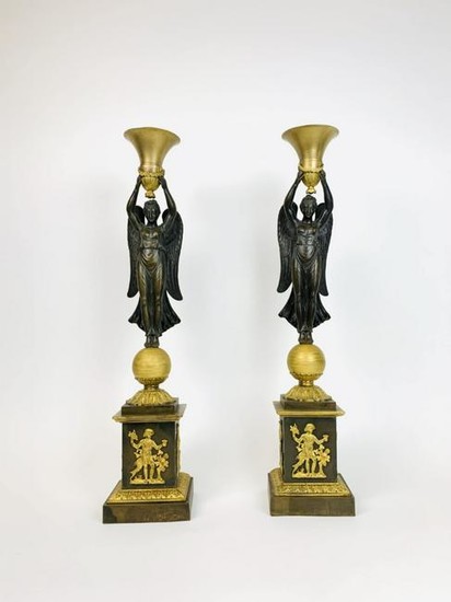 A Pair Of Empire Ormolu And Patinated Bronze Candelabra