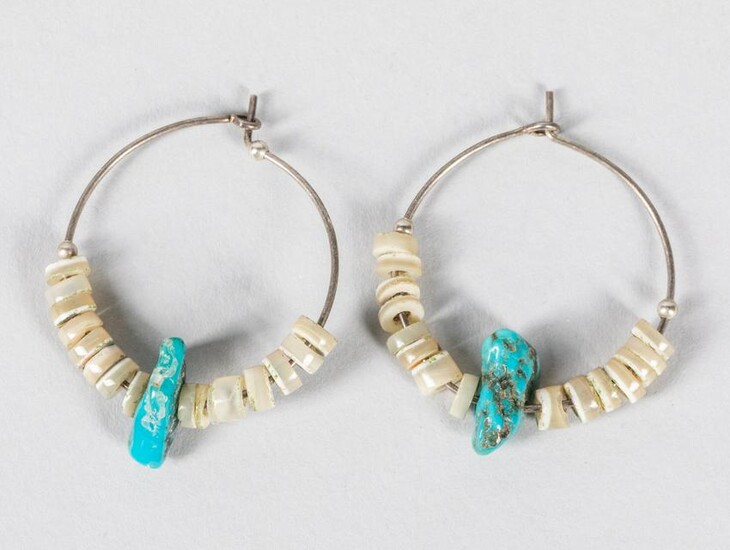 A Pair Of Sterling Shell Turquoise Hoop Earrings