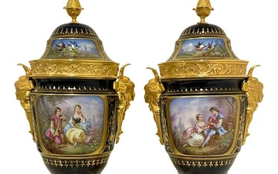 A Pair of 19th C. French Sevres Cobalt Figural Bronze Mounted Lidded Urns