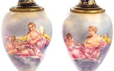 A Pair of 24" 19th/20th-Century Gilt Bronze Mounted Sevres Style Porcelain Urns