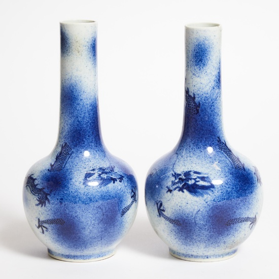 A Pair of Blue and White 'Dragon' Bottle Vases, 19th Century
