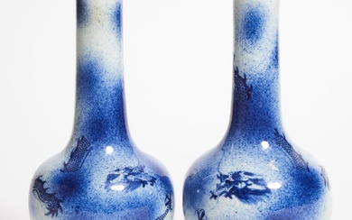 A Pair of Blue and White 'Dragon' Bottle Vases, 19th Century