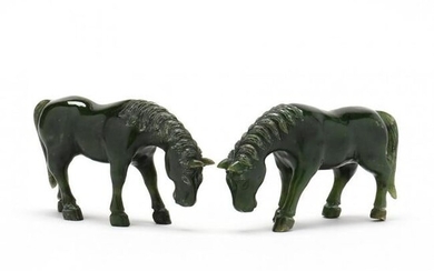 A Pair of Chinese Spinach Jade Carved Horses