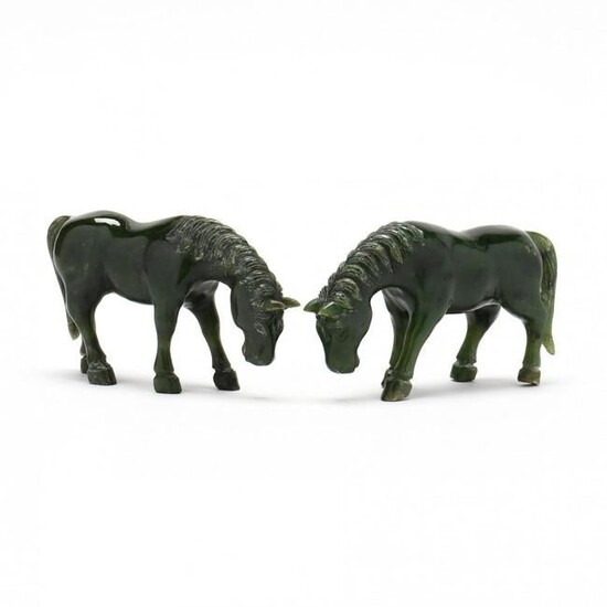 A Pair of Chinese Spinach Jade Carved Horses