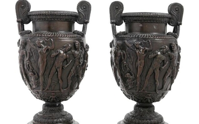 A Pair of Grand Tour Cast Metal and Marble Urns