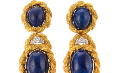 A Pair of Lapis & Diamond Dangle Earrings in 18K