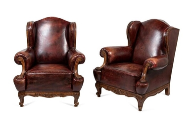 A Pair of Rococo Revival Leather-Upholstered Wingback