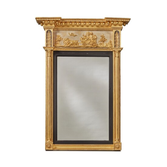A Regency Ebonized, Silvered, and Parcel-Gilt Mirror, First Quarter 19th Century