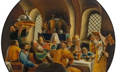 A Russian papier mâché and lacquer plate with a boyar wedding feast after a painting by Konstantin