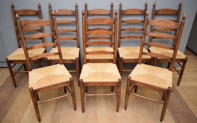A SET OF EIGHT SHAKER STYLE LADDERBACK RUSH SEAT DINING CHAIRS (A/F) (109H x 44W x 51D CM) (LEONARD JOEL DELIVERY SIZE: LARGE)