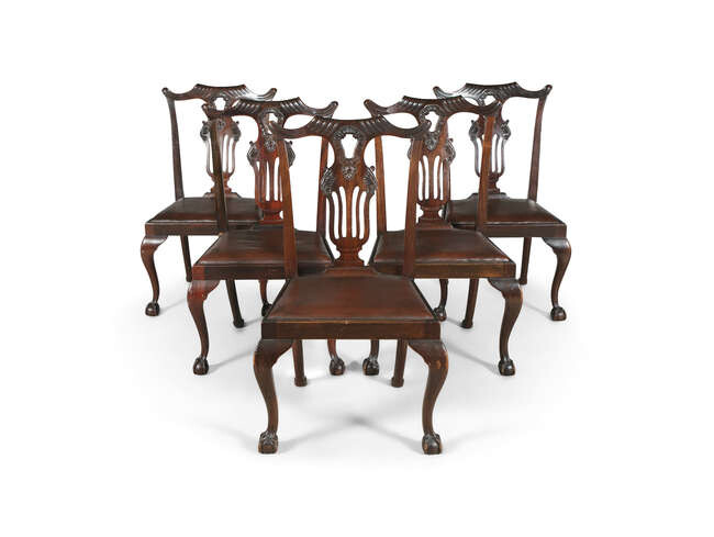 A SET OF SIX MAHOGANY FRAMED DINING CHAIRS,...
