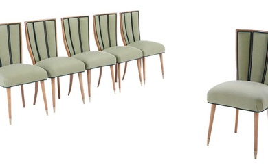 A SET OF SIX MID CENTURY MODERN UPHOLSTERED DINING CHAIRS...