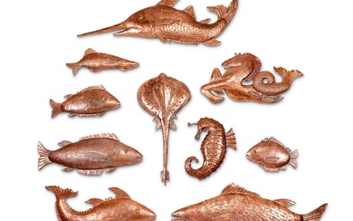 A SHOAL OF TEN ITALIAN EMBOSSED COPPER FISHES AND SEA LIFE VENICE, SECOND HALF OF...