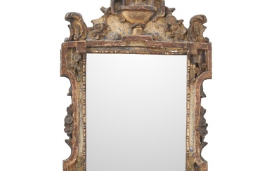 A SMALL PIER MIRROR IN AN ANTIQUE PARCEL-GILT POLYCHROME FRAME The frame second quarter 18th century, French or Italian