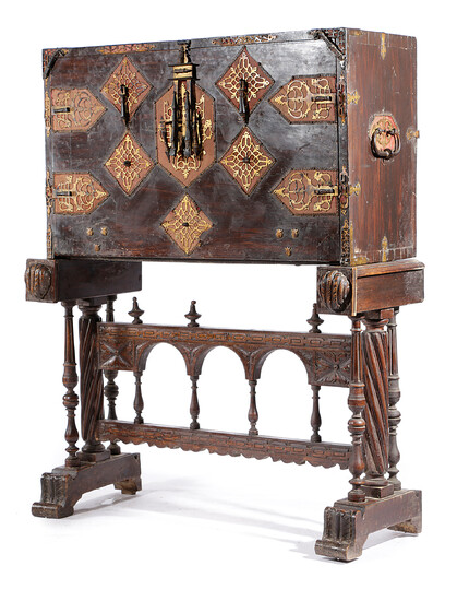 A SPANISH BAROQUE CHESTNUT AND BRONZE MOUNTED VARGUENO