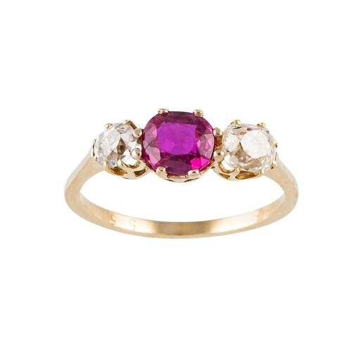 A SYNTHETIC RUBY AND DIAMOND THREE STONE RING, circular ruby...